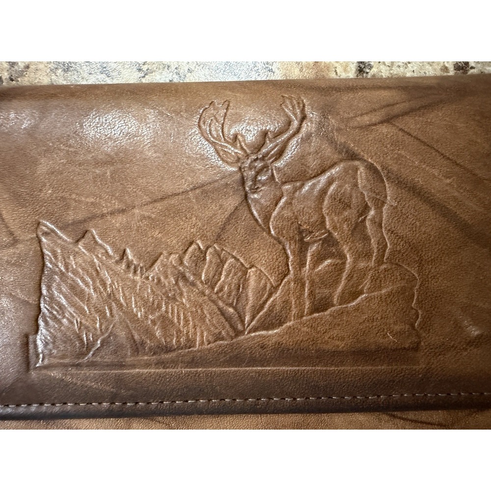Cowhide, Leather Wallet W/ Deer & Nature Scene Embossed, Snap Closure